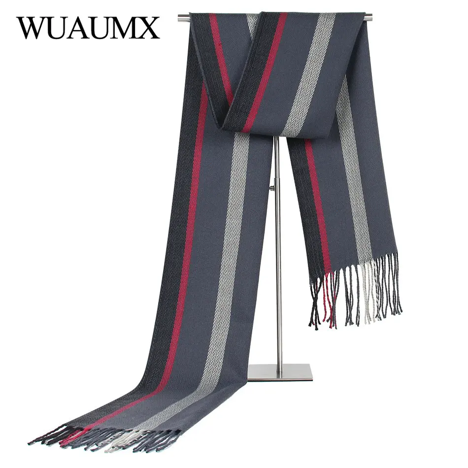 Wuaumx простой зимний шарф для мужчин повседневные полосатые шарфы мужской имитация кашемира теплый шарф с кистями шали шейный платок echarpe