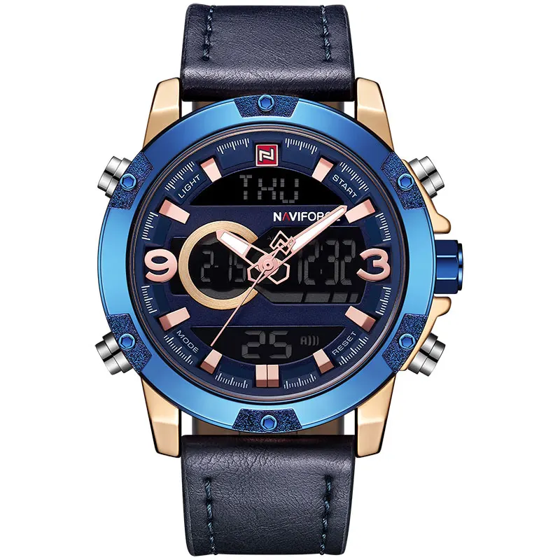Бренд класса люкс NAVIFORCE новые мужские кварцевые часы мужские военные кожаные спортивные наручные часы мужские светодиодный аналоговые цифровые часы NF9097 - Цвет: Gold Blue