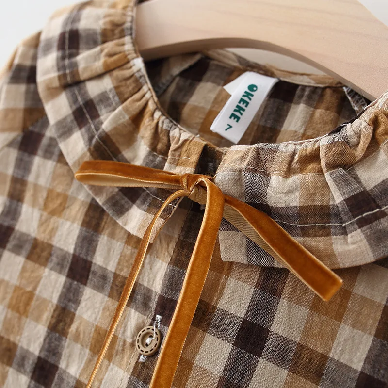 Осенне-зимняя рубашка в клетку+ вельветовое платье с поясом комплект из двух предметов, одежда для маленьких девочек