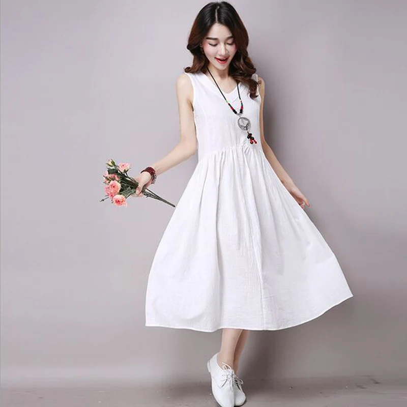 Women Summer Dress 2016 New Literary V neck cotton loose large size