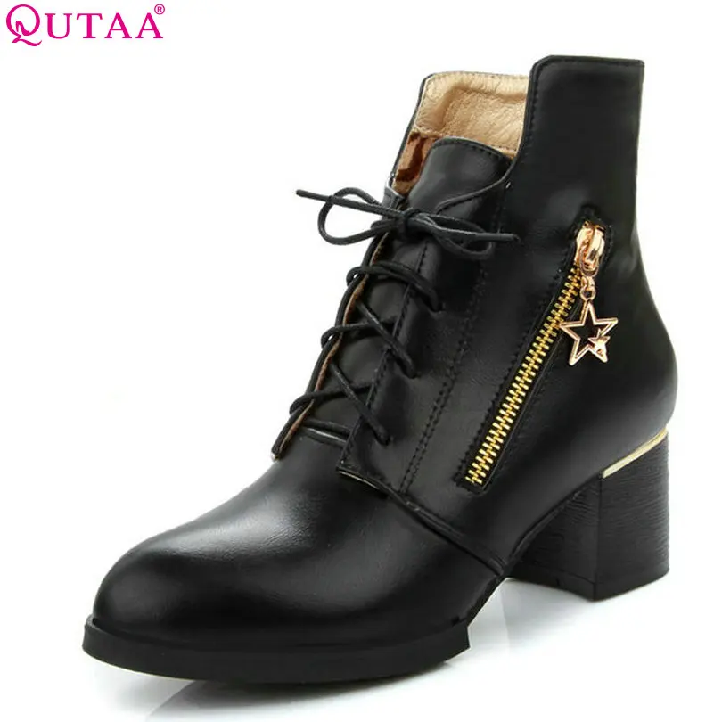 

QUTAA 2018 Women Ankle Boots Zipper and Lace Up Pu Leather Pointed Toe Square High Heel Women Motorcycle Boots Size 34-43