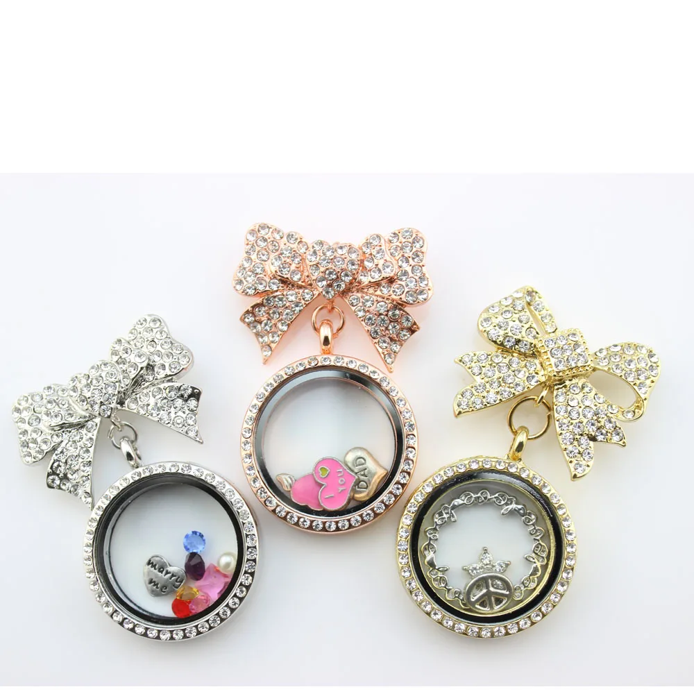 Wholesale Silver Rose Gold Bow knot Brooches Crystal Glass Locket