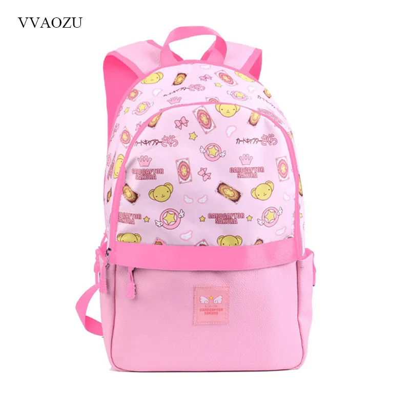 

Japan Cartoon Cardcaptor Sakura Backpack Sakura Magical Girl Nylon PU Leather Patchwork Pink Shoulder Bag Students Schoolbag