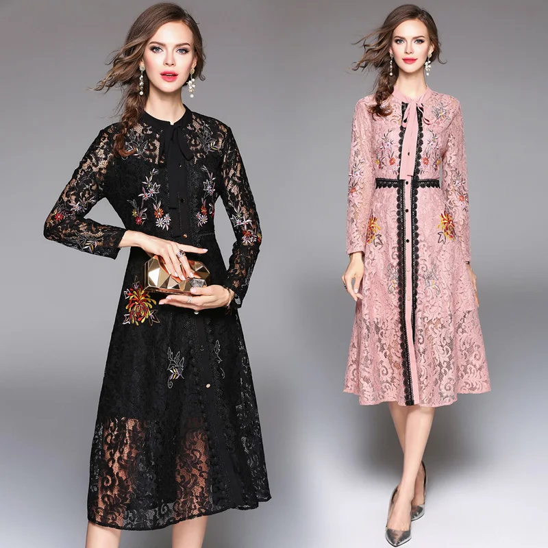 Europe Lace Dress Women Autumn Long Sleeve Elegant Casual Office Vestidos Verano Floral Striped Dress Embroidery Ladies Dresses Dresses