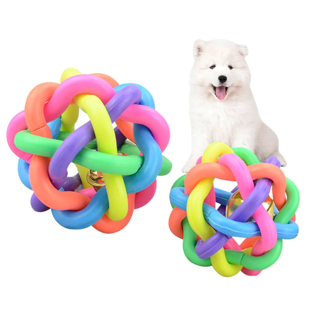 Pet Toy Funny Dogs Colorful Braided Bells Twist Rainbow Rubber Ball
