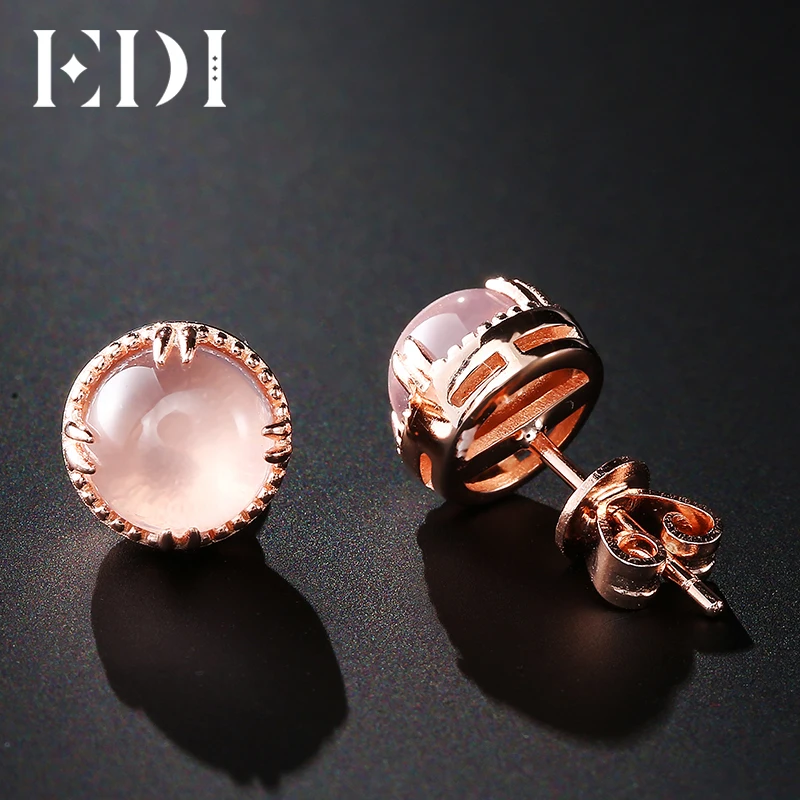 EDI 7mm Natural Round Rose Quartz Earrings 100% 925 Sterling Silver Stud Earrings For Women Fine Jewelry Simple Design Girl Gift
