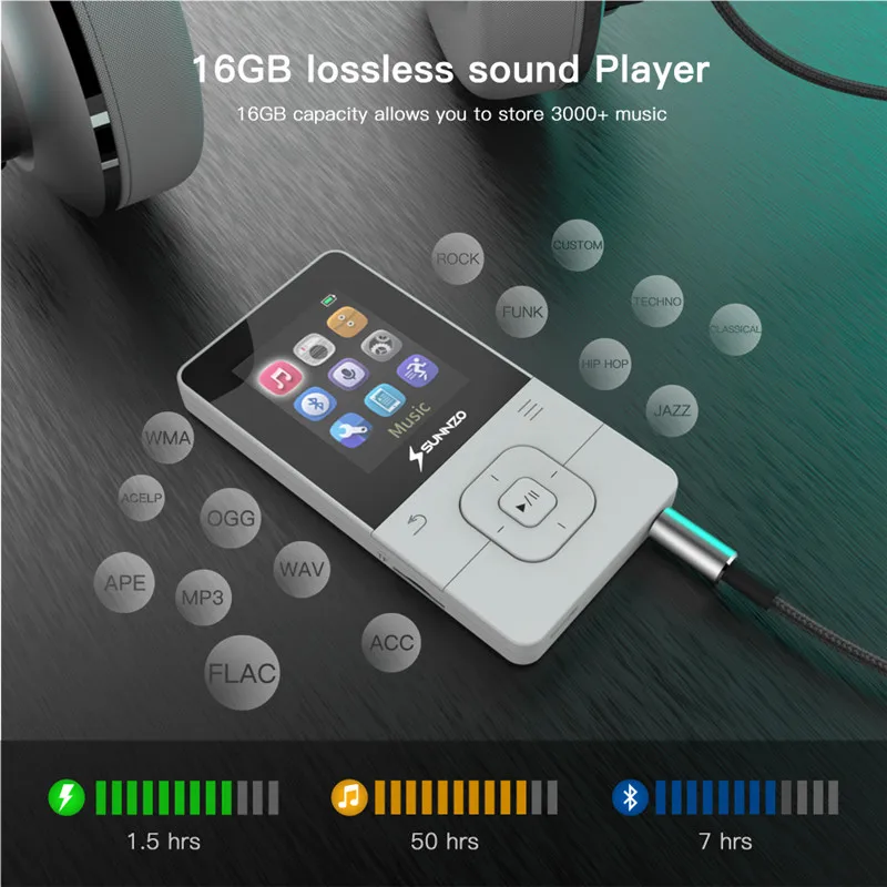 Bluetooth MP3 плеер 16 Гб HiFi Цифровой MP3 музыкальный плеер без потерь Портативный MP3 Цифровой диктофон FM радио шагомер