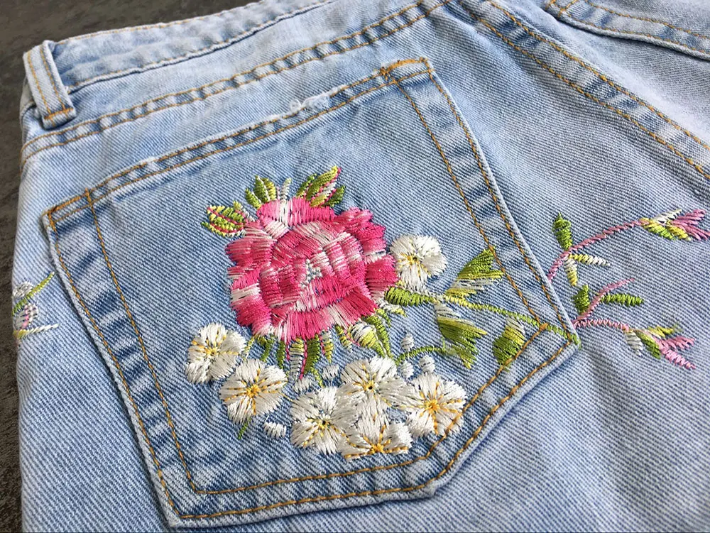 Женские рваные джинсы с цветочной вышивкой высокой талией на осень 2019|women jeans