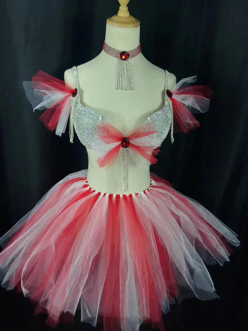 Розовый и красный цвет 2 шт Одежда для танцев Для женщин пикантные танцевальное платье-пачка костюмы кристаллы бюстгальтер юбка для