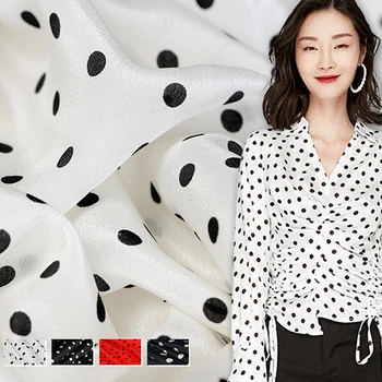 

113CM Wide 16MM Polka Dots Print White Red Black Silk Crepe de Chine Fabric for Summer Dress Jacket Pants E1033