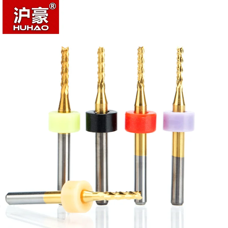 

HUHAO 1pcs 3.175mm TiN Coating Corn end mill Cutter PCB milling bits for PVC PCB CNC router bits 0.6mm to 2.4mm end mill