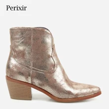 Новые модные женские ботинки на высоком квадратном каблуке в стиле ретро; сезон весна-осень выразительные женские ботинки с острым носком на молнии золотистые туфли