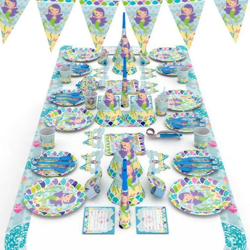 Tropical Mermaid Party Decor Balloon Plate Cup Banner Kids Happy