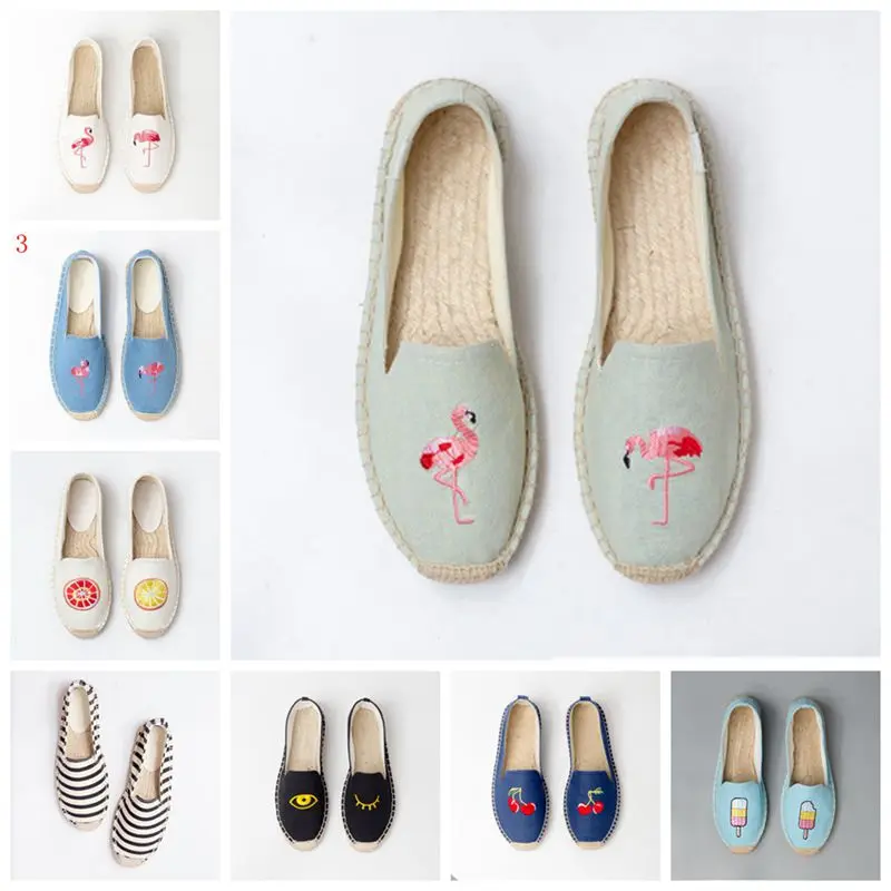 

ASILETO Embroidery flamingo Casual ballerina flats Canvas hemp lazy flats vintage espadrilles men Zapatos footwear sapatos T188