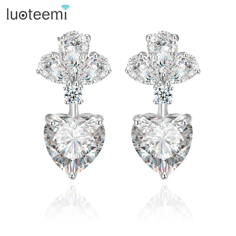 

LUOTEEMI Luxury Wedding Bridal Drop Heart Earrings High Quality White Gold-Color Cubic Zircon Earrings Jewelry for Women