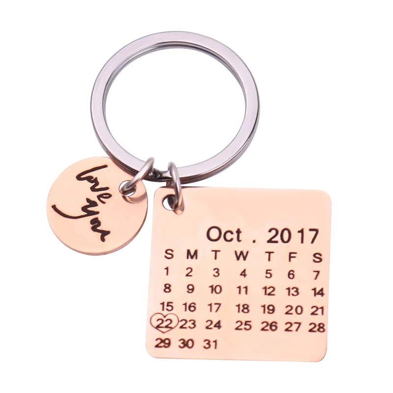 Персонализированный Календарь-брелок из нержавеющей стали на заказ с ручной гравировкой календарь юбилей частный заказной брелок Brelok - Цвет: Rose gold