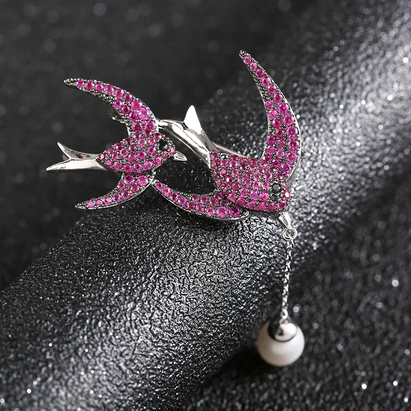 Двойная висячая жемчужная брошка со стразами Pin Love Bird в виде животных Broche Femme Bijoux