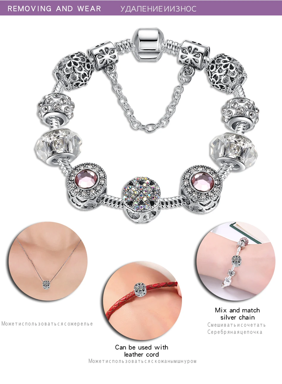 FOREWE счастливый клевер сердце женский браслет с муранским стеклом Кристалл 925 серебряный бисер очарование браслет для женщин DIY ювелирные изделия подарок