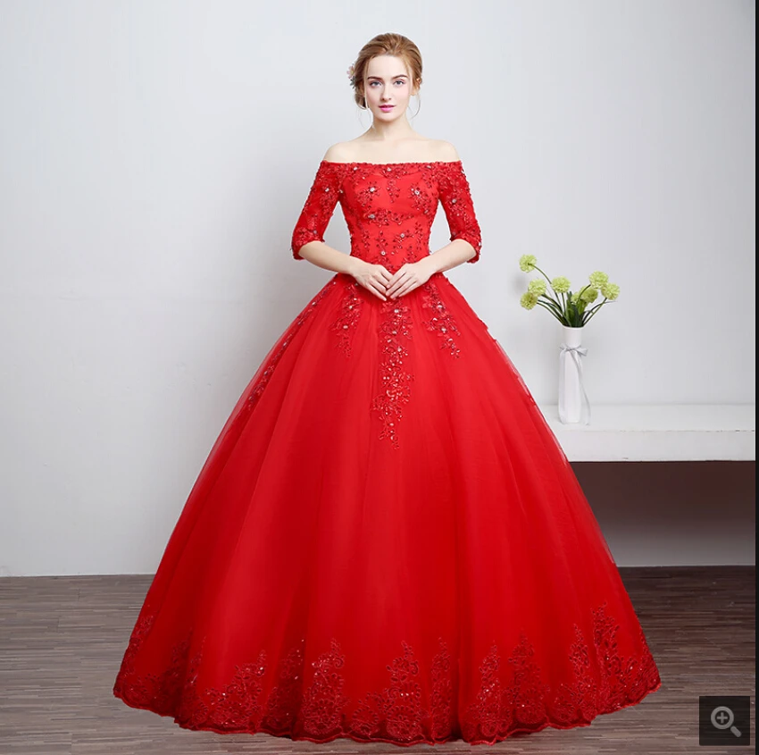 Robe de soiree 2019 бальное платье красное кружевное свадебное платье с аппликацией с открытыми плечами Половина рукава бисером элегантные