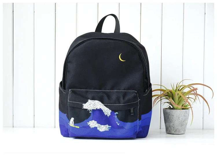 

Moon Wood Original Design Black Blue Print Sea Backpack Women Casual Canvas School Bag For Teenager Girls Sac