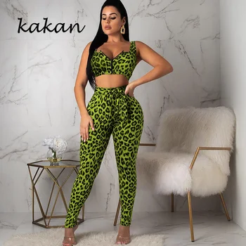 

Kakan summer new women's sexy leopard tight bodysuit two-piece suit green jumpsuit club party jumpsuit