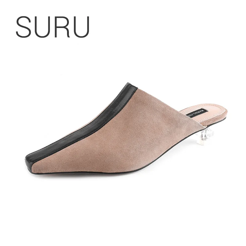 

SURU Kid Suede Kitten Heels Mules Shoes Ladies Leather Little Square Toe Slippers Women Leather Crystal Heel Shoes