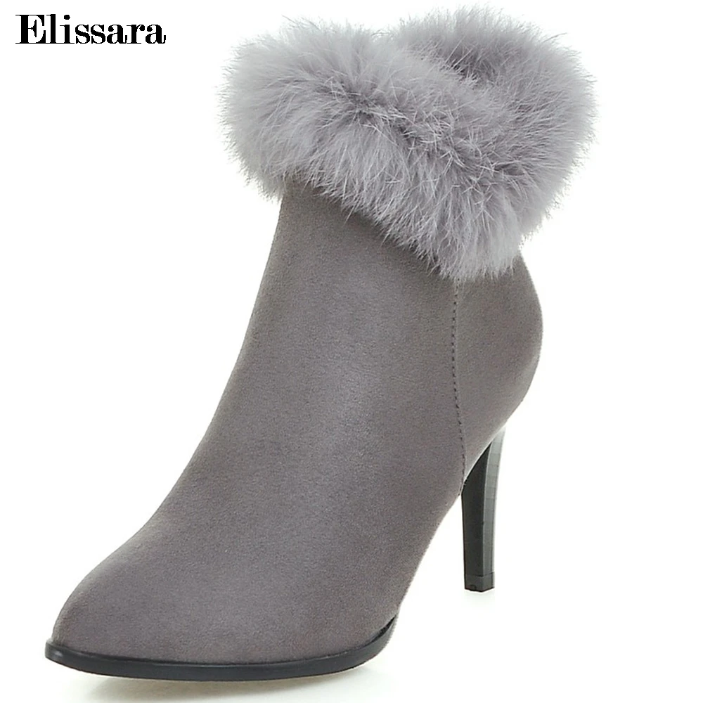 

Elissara Women High Heels Ankle Boots Shoes for Women Flock Fur Zip Pointed Toe Ankle Boots Shoes Plus Size 34-43