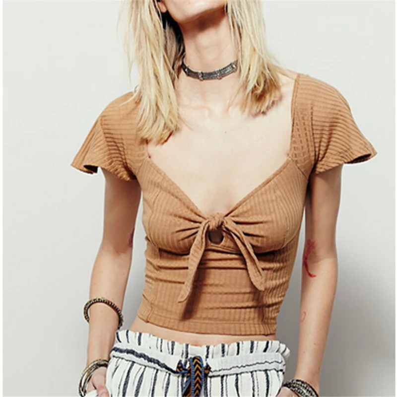 

New Fashion Women Short V-neck Herringbone T Shirt Bow Solid Color Tops Novelty People Sweety Tart Crop Top A521