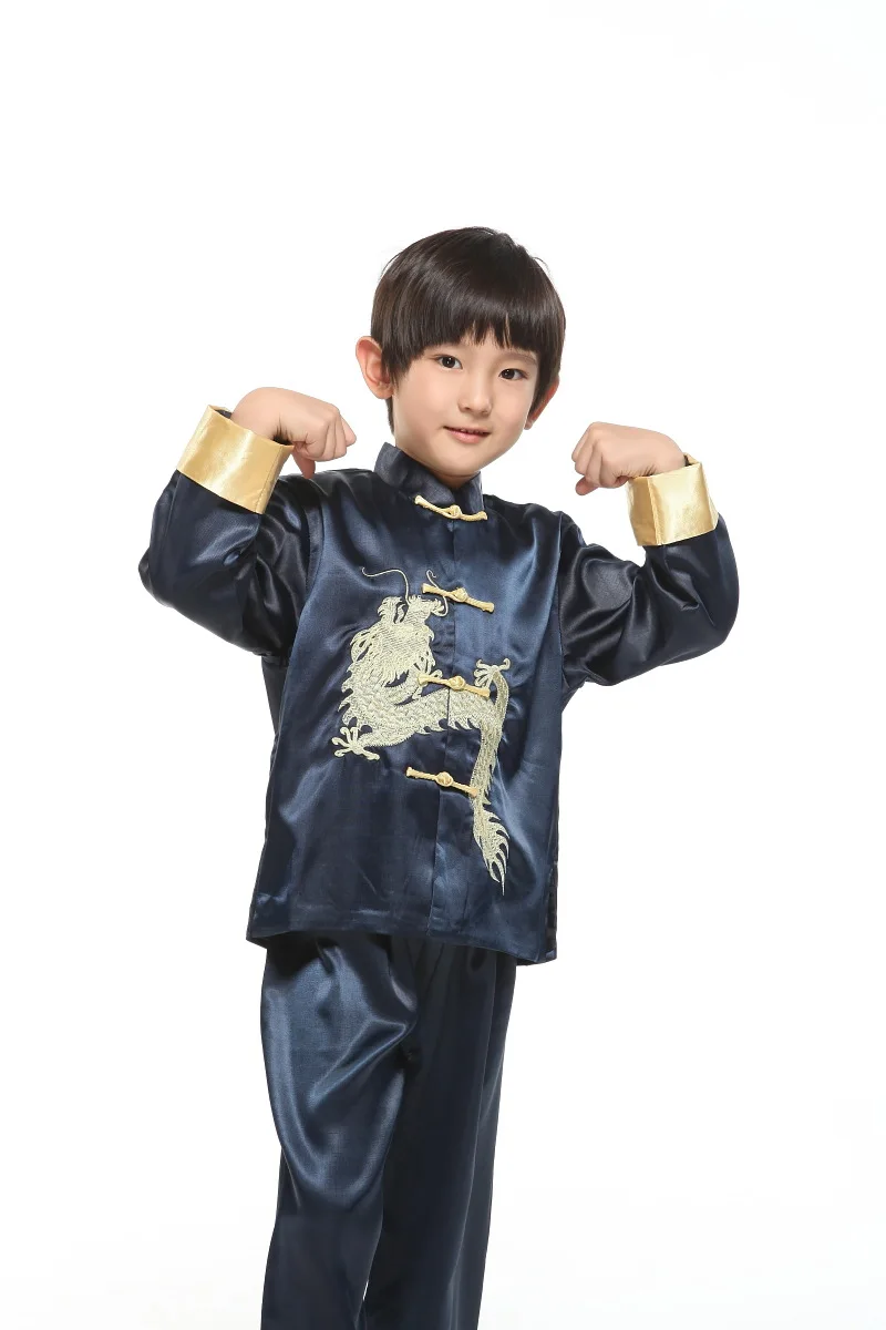 Long Sleeve Dragon Boy Kung Fu Chinese Traditional Costume Top+ Pants Children Nation Cospaly Clothes Chinese Folk Costume 16