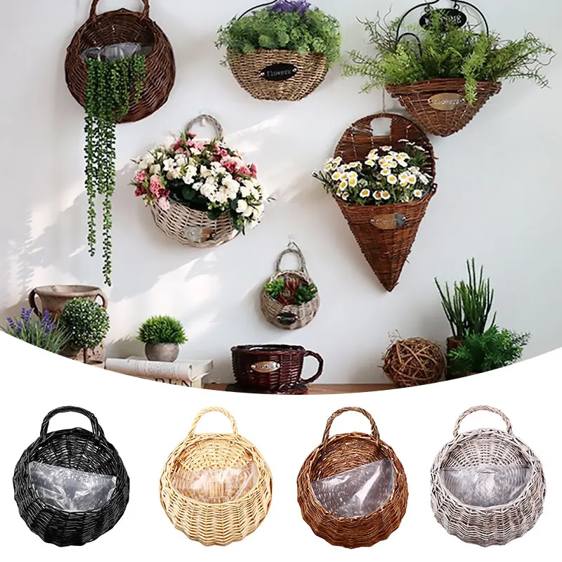 

Hanging Wicker Basket With Handle Rattan Flower Plant Vase Wall Hallway Decoration Plant Hanger Container Garden Pot