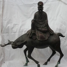 S1929 2" Китайский Фиолетовый Бронзовый Долголетие Звезда Длинная Жизнь Бог Поездка Олень Статуя Рис