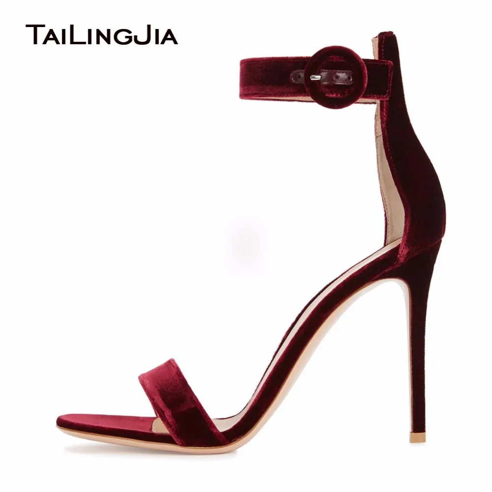 

2019 Beauty Wine Red Velvet Open Toe Woman Summer Sandals High Heel Ladies Party Dress Shoes With Buckle Women Simple Stilettos