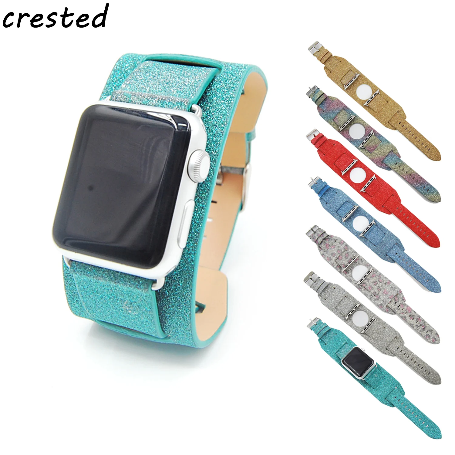 

CRESTED leather loop watch strap for apple watch band 42mm/38 Cuff Bracelet flash bracelet for iwatch 1/2/3 red yellow black