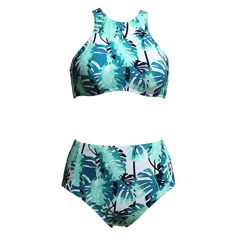 

2018 Sexy Bikini Forest Leaves Printing High Neck Halter Swimwear Women Swimsuit Bikini Set Top Beach Wear Bathing Suits Tankini