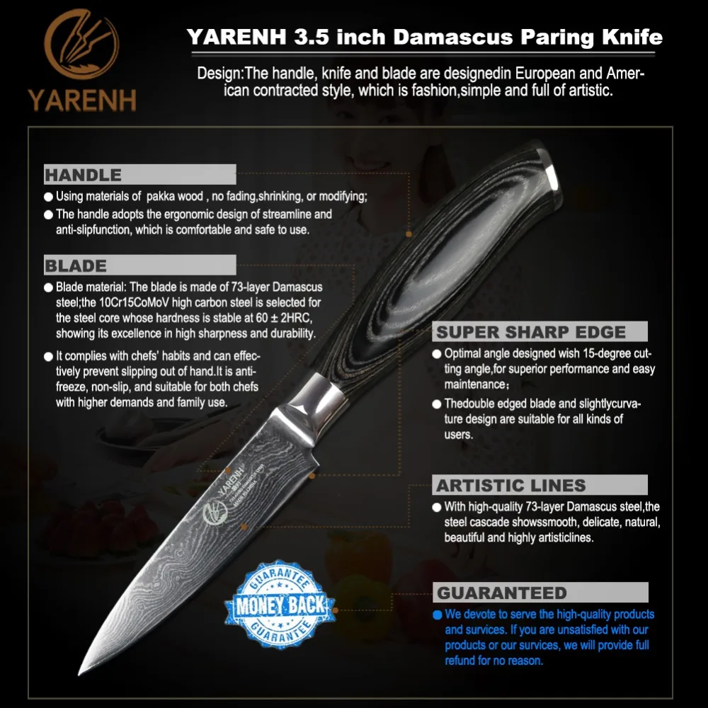 YARENH 3,5 дюймов нож для очистки овощей Япония vg10 Дамасские Кухонные Ножи острый нож для очистки фруктов с деревянной ручкой pakka