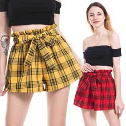 2019 Arrival Bow Tie Waist British Style Plaid Shorts Summer Mid Waist Straight Leg Shorts Women Elastic Waist Casual 2019 Arrival Bow Tie Waist British Style Plaid Shorts Summer Mid Waist Straight Leg Shorts Women Elastic Waist Casual
