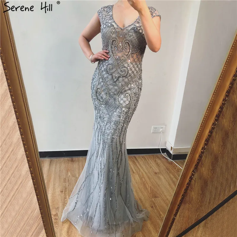 Дубай дизайн серое роскошное вечернее платье с v-образным вырезом полностью алмазные Сексуальные вечерние платья Русалка Serene Хилл LA70063