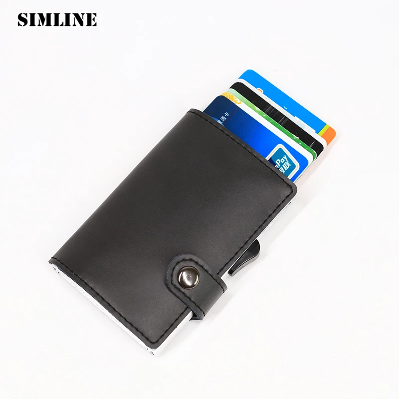 

SIMLINE New Rfid Blocking Aluminum Credit Card Holder Case Box Men Women Business Genuine Leather Automatical Wallets Slim Purse