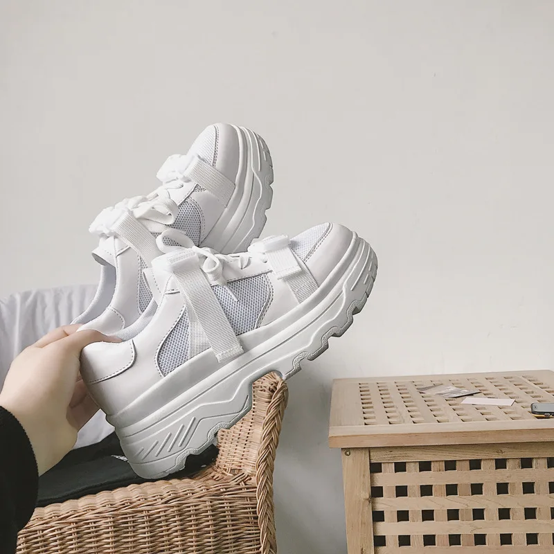 

white brand Buckle design Women Casual shoes Trendy air mesh Platform Sneakers wedge Thick bottom lady woman Zapatillas Mujer
