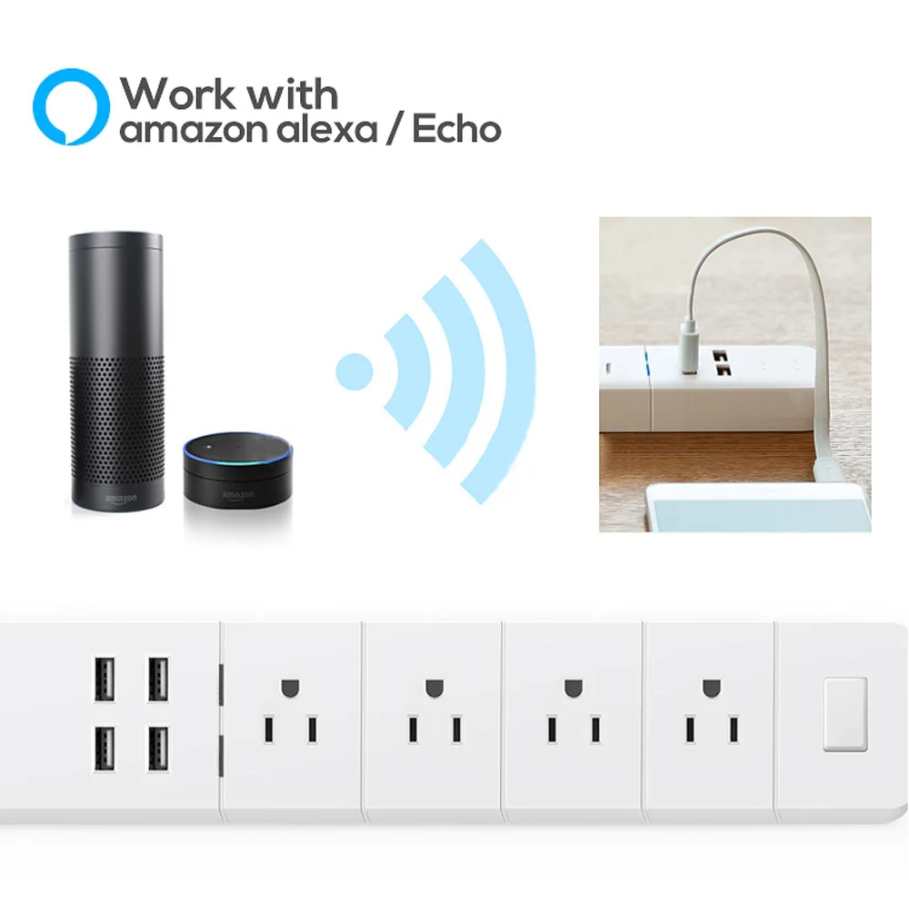 WiFi Smart power Strip, с 4 usb-портами для зарядки и 4 смарт-штекерами переменного тока для много точек работает с Amazon Echo& Google Home