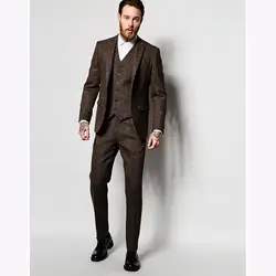 2017 последние конструкции пальто брюки темно-коричневые зимние твид мужской костюм Slim Fit Комплект из 3 предметов смокинг на заказ Для мужчин