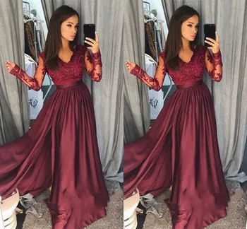 

Women Formal Bride Mother Burgundy Satin and Lace Long Illusion Sleeve Evening Dress Vestido De Fiesta Special Occasion Dresses
