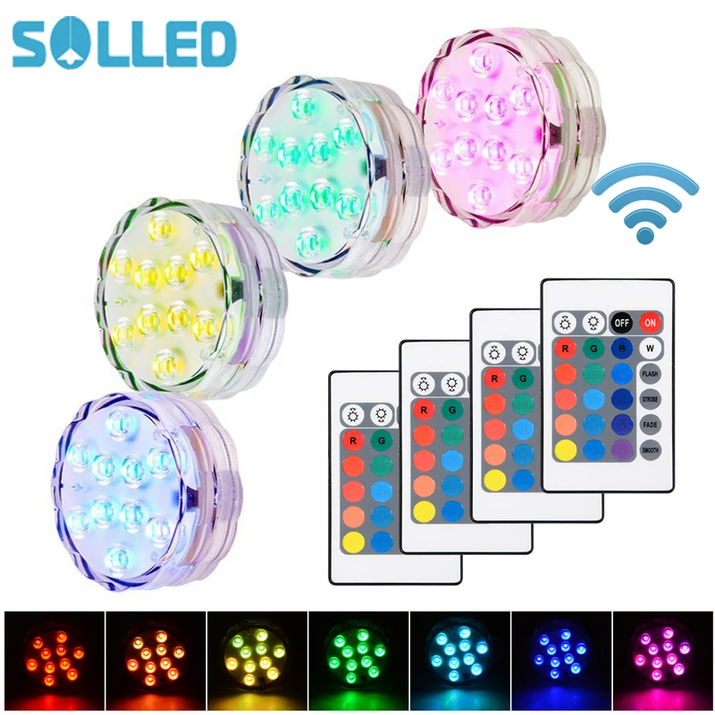 

SOLLED 4 PCS Submersible LED Waterproof Lights Underwater RGB Colors Remote Control Wireless Vase Light Party Wedding Pool Light