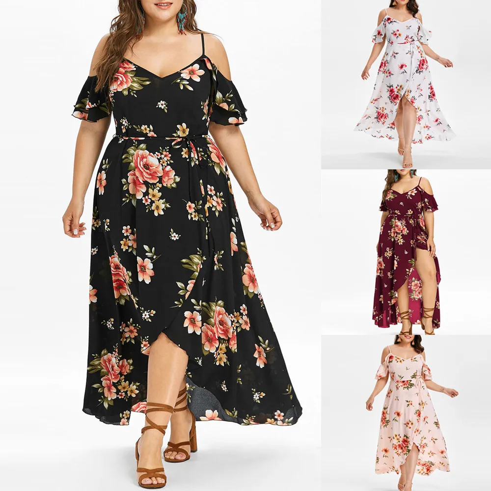 

Women Plus Size Casual Short Butterfly Sleeve Off Shoulder Bohemian Style Flower Print Asymmetrical Long Dress Robe Femme #7