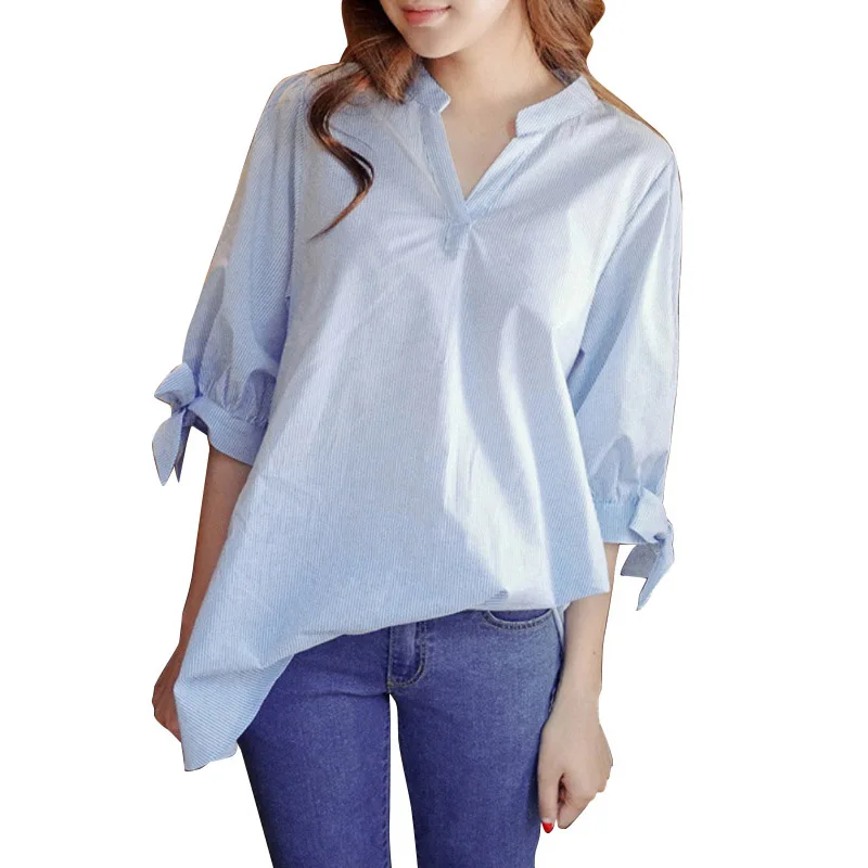 

New Tops 2019 Kimono Pinstripe Hem Women Blouse Short Puff Sleeve Blue Striped Shirt Blusas Blouse Top Hot