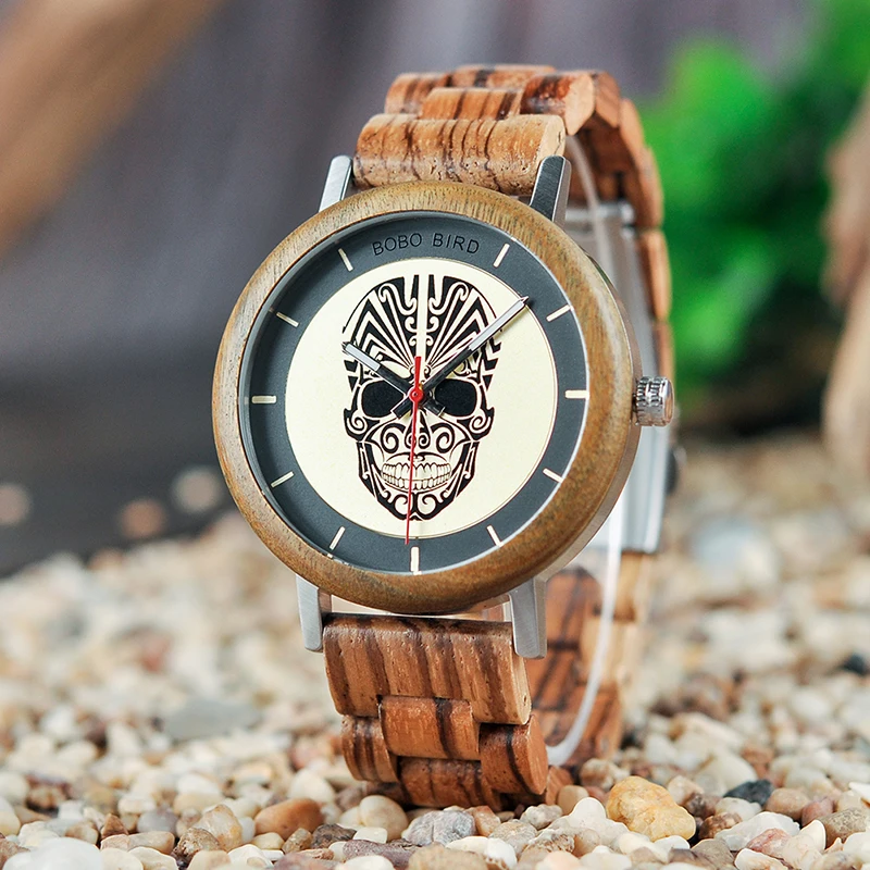 BOBO BIRD Unique Men Watch Wooden Quartz Wrist Watch Skull Skull Head for Mens in wood Box erkek kol saati
