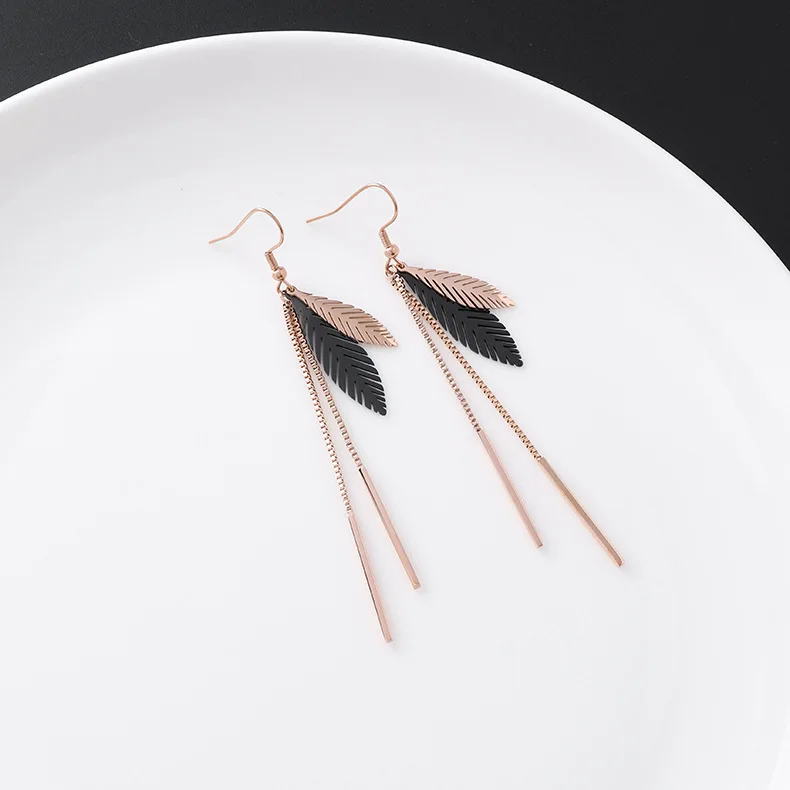 New Listing Geometric Titanium Steel long Tassel Girl Earrings gold Stainless Steel Triangle leaf Girl Black Jewelry Earrings 1