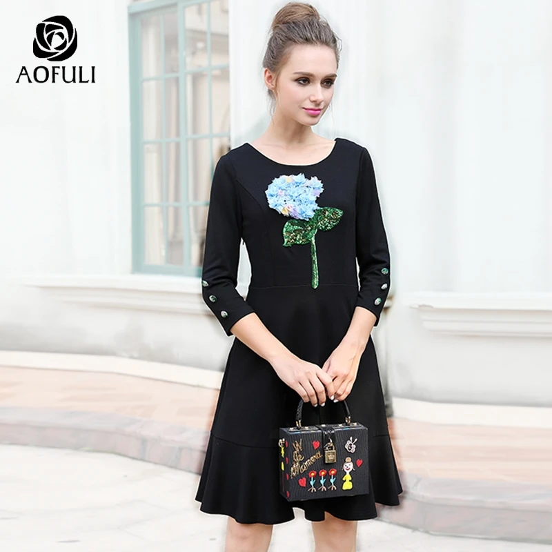 

AOFULI M- 4XL 5XL Luxury 3D Petals Sequins Flower A-line Dress With Diamond Buttons Brand Plus Size 3/4 Sleeve Autumn Dress 6277