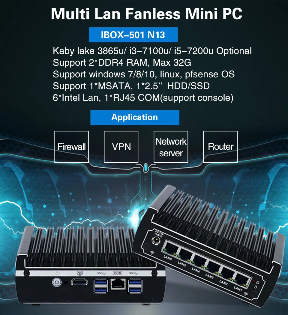 6 Ethernet LAN безвентиляторный pfsense мини-ПК Intel kaby Lake core i3 7100u DDR4 ОЗУ AES-NI сервер linux межсетевой экран для компьютера для окна 10