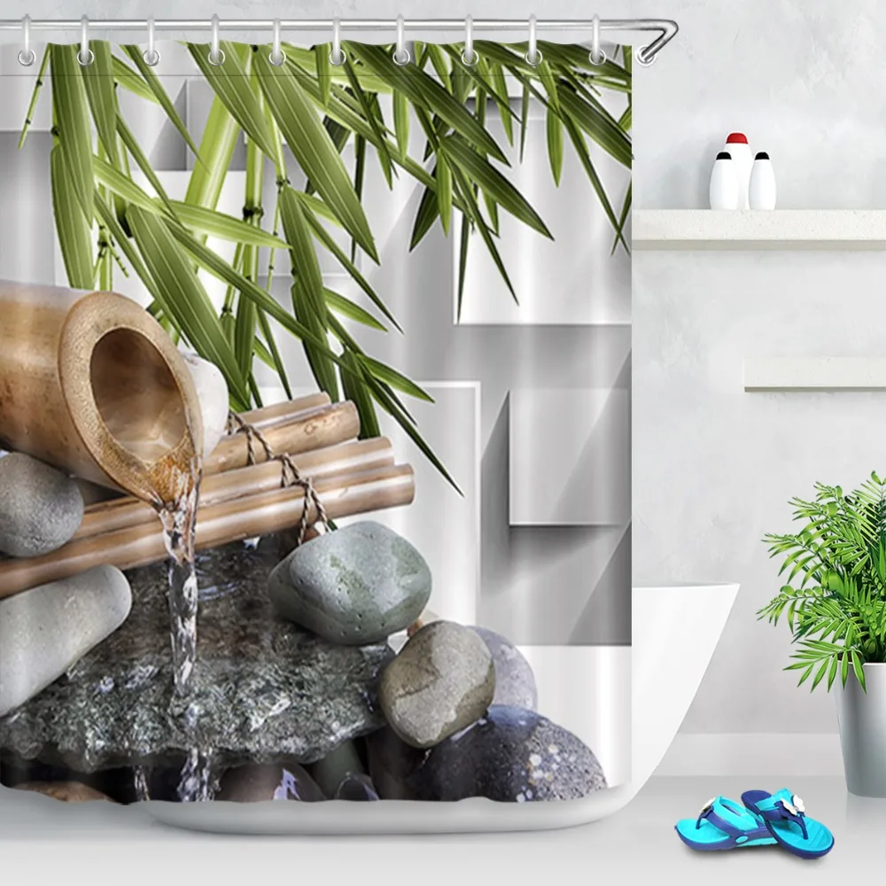 72'ɺsian Zen Spring Water Black Stones Shower Curtain Green Bamboo Polyester Fabric Bathroom Curtains for Bathtub Home Decor | Дом и